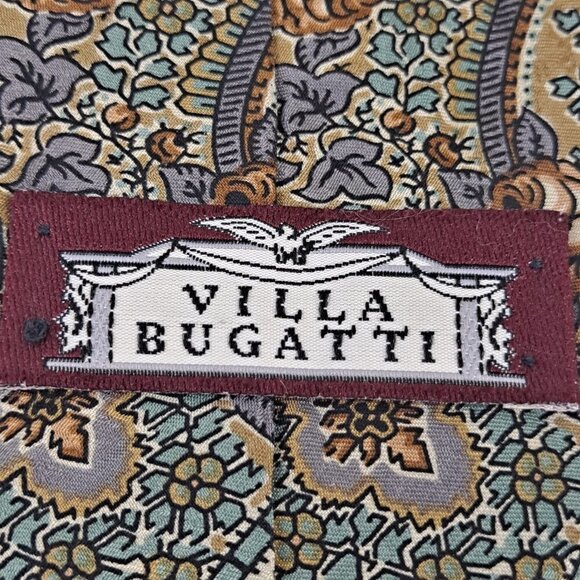 Villa Bugatti Men's Tie 100% Italian Silk Paisley Floral Gold Blue Green Black - Picture 5 of 7